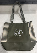 JEWELL by Thirty-One Striped Block Tote Bag Olive Green/Cream With S Mono New - £18.15 GBP