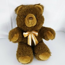 Big Vintage Cuddle Wit Cw International Brown Fluffy Teddy Bear Satin Bow Plush - $49.47