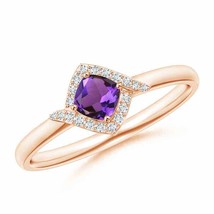 ANGARA Cushion Amethyst and Diamond Halo Promise Ring in 14K Gold (AAAA Size-4) - £580.69 GBP