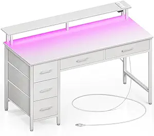 Computer Desk With Power Outlets &amp; Led Light, 55 Inch Home Office Desk W... - $240.99