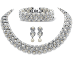Simulated Pearl Crystal Necklace Earrings Bracelet Xo Set Silvertone - £79.63 GBP