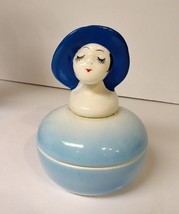 Blue Porcelain Jewelry Trinket Box Lady with Blue Wide Brim Hat  - £19.18 GBP