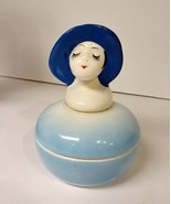 Blue Porcelain Jewelry Trinket Box Lady with Blue Wide Brim Hat  - £19.18 GBP