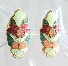 Butterfly &amp; Flower Cloisonne Enamel Cold-tone Clip Earrings 1970s vintag... - $14.20