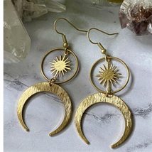 Celestial Sun And Moon Earrings Crescent Phase Boho Witchy Brass Or Antique Silv - £8.33 GBP