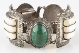 Vtg Mexican Silver Green/White (Jade/Quartz) Gemstone Cuff Bracelet 7&quot; 1... - $343.04
