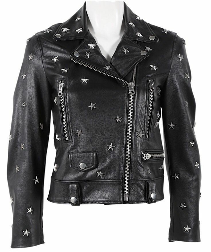 Women's Black Belted Straps Leather Biker Silver Star Studded Handmade Jacket