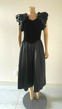 Vintage 1980 Orite Black Velvet Satin Dress Ruffle Puff Sleeve Sz 9/10 S... - £15.81 GBP