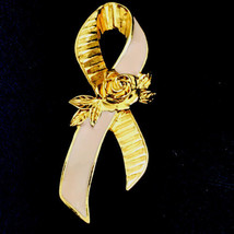 Pink Ribbon Breast Cancer Aware Vintage Metal Pin Enamel Gold Tone Brooch Avon - £7.93 GBP