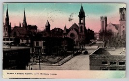 Dea Moines Iowa Seven Church Spires 1913 to Rochester NY Postcard A27 - £7.80 GBP