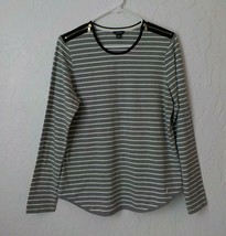 Nautica Gray T-Shirt Top Striped Long Sleeves Zipper Accent Stretch Women Large - £10.27 GBP