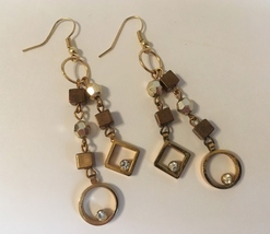 Gold Metal Earrings Handmade Clear Rhinestones Circle Square Pierced Dan... - £23.17 GBP