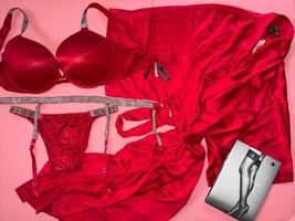 Victoria&#39;s Secret 36DDD Bra Set+Garter+M,L Panty+Robe Kimono Red Shine Strap - £170.90 GBP