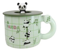 Green Panda Bears Climbing On Bamboo Mug With Anime Panda Figurine Handl... - €16,35 EUR
