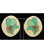 Vtg Ceramic W/ Blue Green Floral Abstract Pattern Pierced Earrings - $14.99