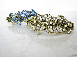 Large bronze gold leaves flowers  blue crystal hair barrette bridal clip - £15.14 GBP