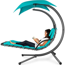 Outdoor Hanging Curved Steel Chaise Lounge Chair Swing W/Built-in Pillow and Rem - £276.09 GBP