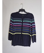 TALBOTS  Navy Blue Multicolor Heart Design 3/4 Sleeve Sweater Women&#39;s Si... - $364.37 MXN