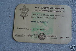 Vintage 1940s Boy Scouts 5 Year Veteran Membership Card - $15.84