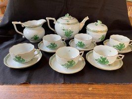 15 pc. HEREND PORCELAIN CHINESE BOUQUET COFFEE SERVICE, GREEN w/ 24K GOL... - $1,156.92