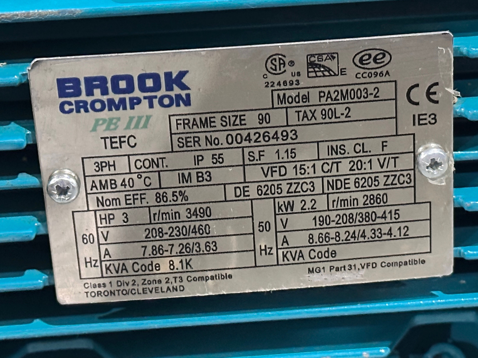 Brook Crompton PA2M003-3 PB III AC Motor, 3HP Frame Size 90  Item image 2