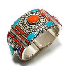 Red Coral Tibetan Turquoise Handmade Bohemian Jewelry Cuff Nepali 7-9&quot; SA 517 - £27.01 GBP