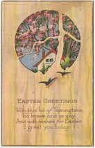 Holiday Postcard Easter Greetings House Cherry Blossoms Woodgrain Tree Birds - £2.36 GBP
