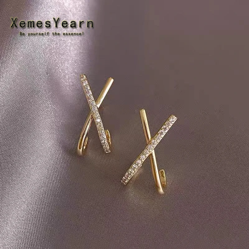 New Design Metal Zircon Cross X Gold Colour Earrings For Woman Elegant Accessori - £12.05 GBP