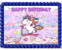 Unicorn  On Scooter Edible Image Edible Happy Birthday Cake Topper Sticker - £11.33 GBP+