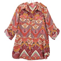 Sunny Leigh 3/4 Sleeve Button Up Blouse Womens Large Orange Rust Sheer Bohemian - $4.50