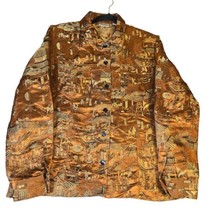 Chico&#39;s Womens Size 1 M/8 Blazer Shirt Brown Gold Oriental Design Art to Wear - £16.04 GBP