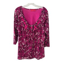 ELLE Women’s 1X Pink Black Swirl Print Top with Beaded Neckline 3/4 Sleeve - $17.10