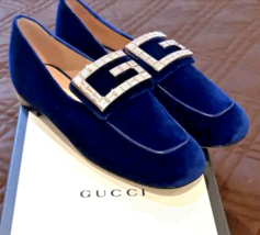 New Authentic Gucci Blue Madelyn Square Crystal G Velvet Loafers 38 - US 8 - £458.20 GBP