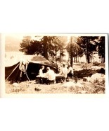 Vintage 1930s Camping Photo Group Around Table By Tent Forest &amp; Lake Bac... - $28.06