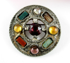 Jeweled Heavy Metal BROOCH Vintage Rhinestone Pin Signed Dark Silvertone Round - £18.24 GBP