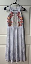 Unbranded Womens S Embroidered Blue White Striped Tiered Lined Sun Maxi Dress - £26.94 GBP