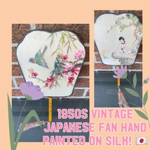 Vintage Japanese Paddle Fan Hand Painted On Silk Two Sided Bird &amp; Geisha Girl - £44.01 GBP