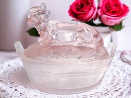 Pink Glass 2 Pc Cow on Hay Basket Nest Candy Dish Trinket Box 4.25&quot; H x ... - £18.64 GBP