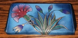 Gently Used Anuschka Floral Wallet Small Clutch Style Blue Leather - $44.99