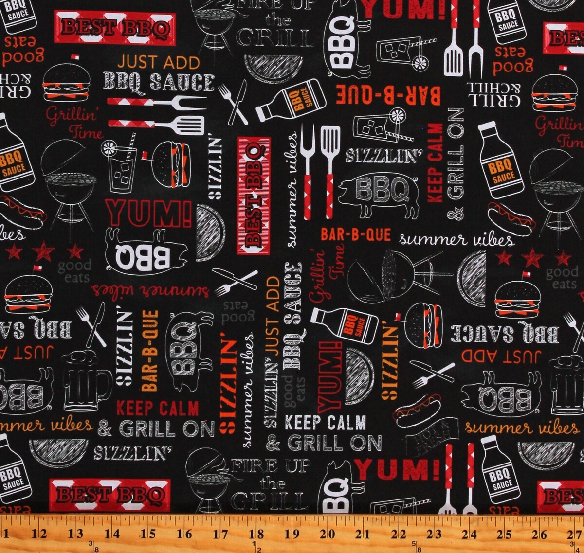 Cotton Grillin and Chillin BBQ Barbeque Black Fabric Print by Yard D682.83 - $15.95