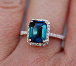 2.6ct Emerald Cut Blue Green Peacock Sapphire 14k Solid Gold Engagement Ring - £751.79 GBP