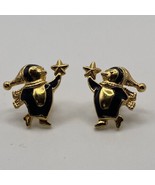 Vintage Avon Penguin Holiday Ice Skating 1996 Pierced Earrings Black Gol... - £8.97 GBP