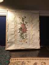 Vintage Hand Stitched Needlepoint  13” X  15” Flowers Roses Country - £6.68 GBP