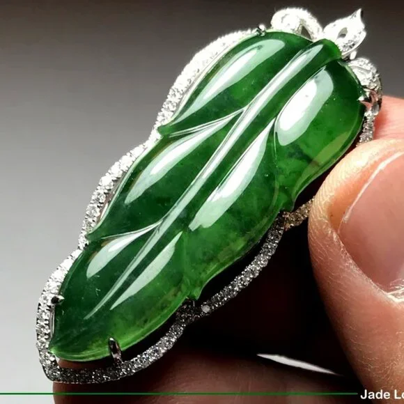 Leaf Rich Translucent Emerald Green Icy Jadeite Jade 18K Gold Diamond Pendant - $3,009.95