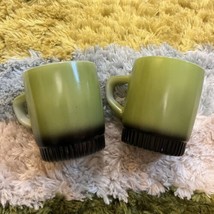 2 Vintage 70s Avocado Green Fire King Coffee Mug Cups Black Stackable Fade Ombre - £11.99 GBP