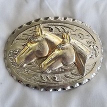 Vintage Belt Buckle Double Twin Horse Heads Embossed Etched Engraved Western - £30.52 GBP