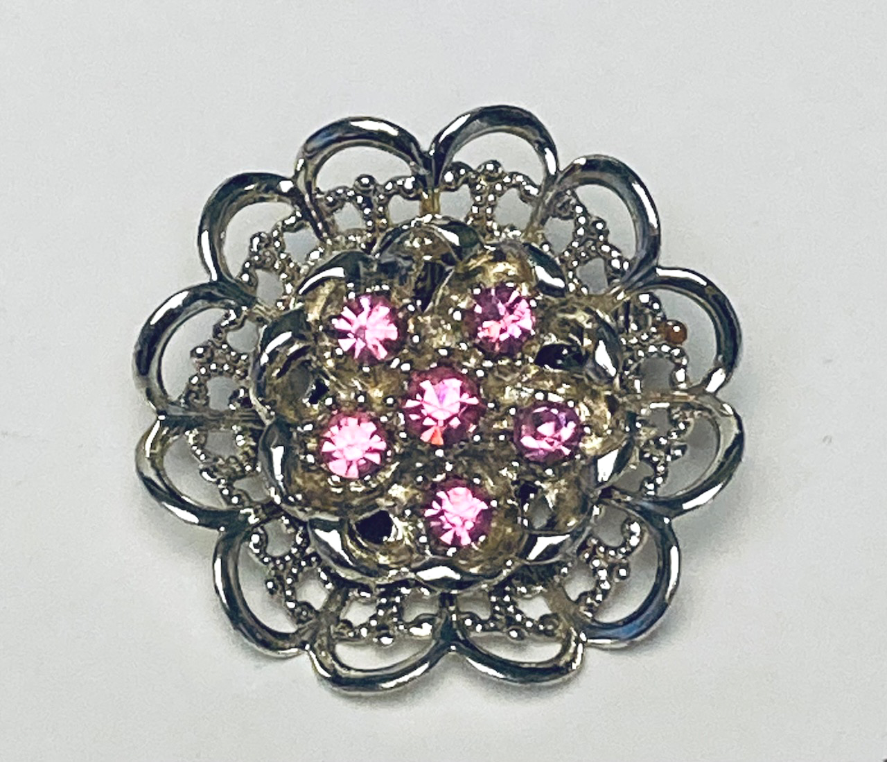 Silver tone pin brooch with pink crystals fashion jewelry - $5.00