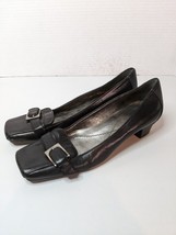 Enzo Angiolini Black Leather Heels Pumps 6.5 Large Buckle Accent Square Toe - £16.58 GBP
