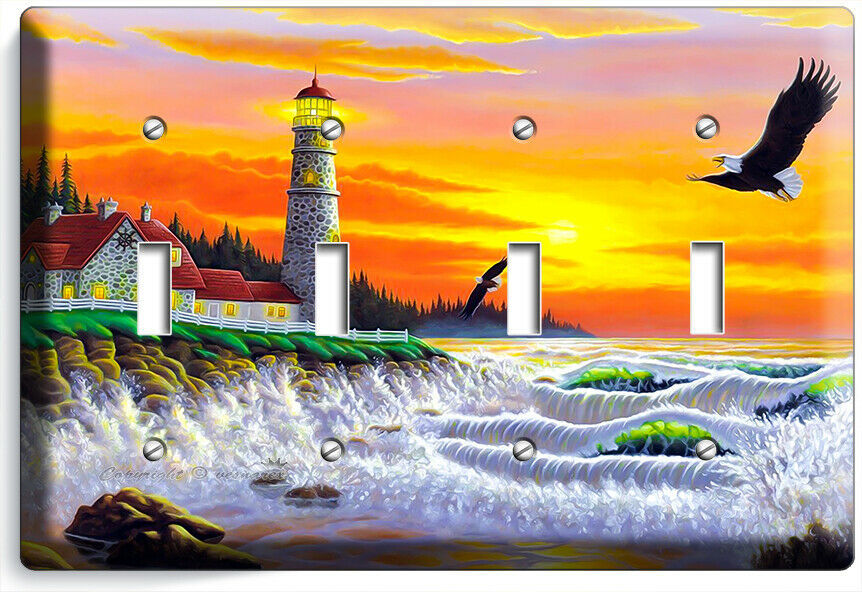 LIGHTHOUSE OCEAN SUNSET SEA SHORE 4 GANG LIGHT SWITCH WALL PLATES ROOM ART DECOR