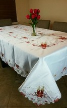 White Polyester 72X126&quot;&quot; Christmas Holiday Red Candle Ribbon Tablecloth Napkins - £118.51 GBP